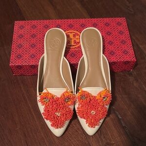 Tory Burch Cream and Orange Floral Mules